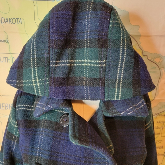 American Eagle Plaid Double-Breasted Women's Wool Coat Size M Blue & Green - Picture 7 of 16